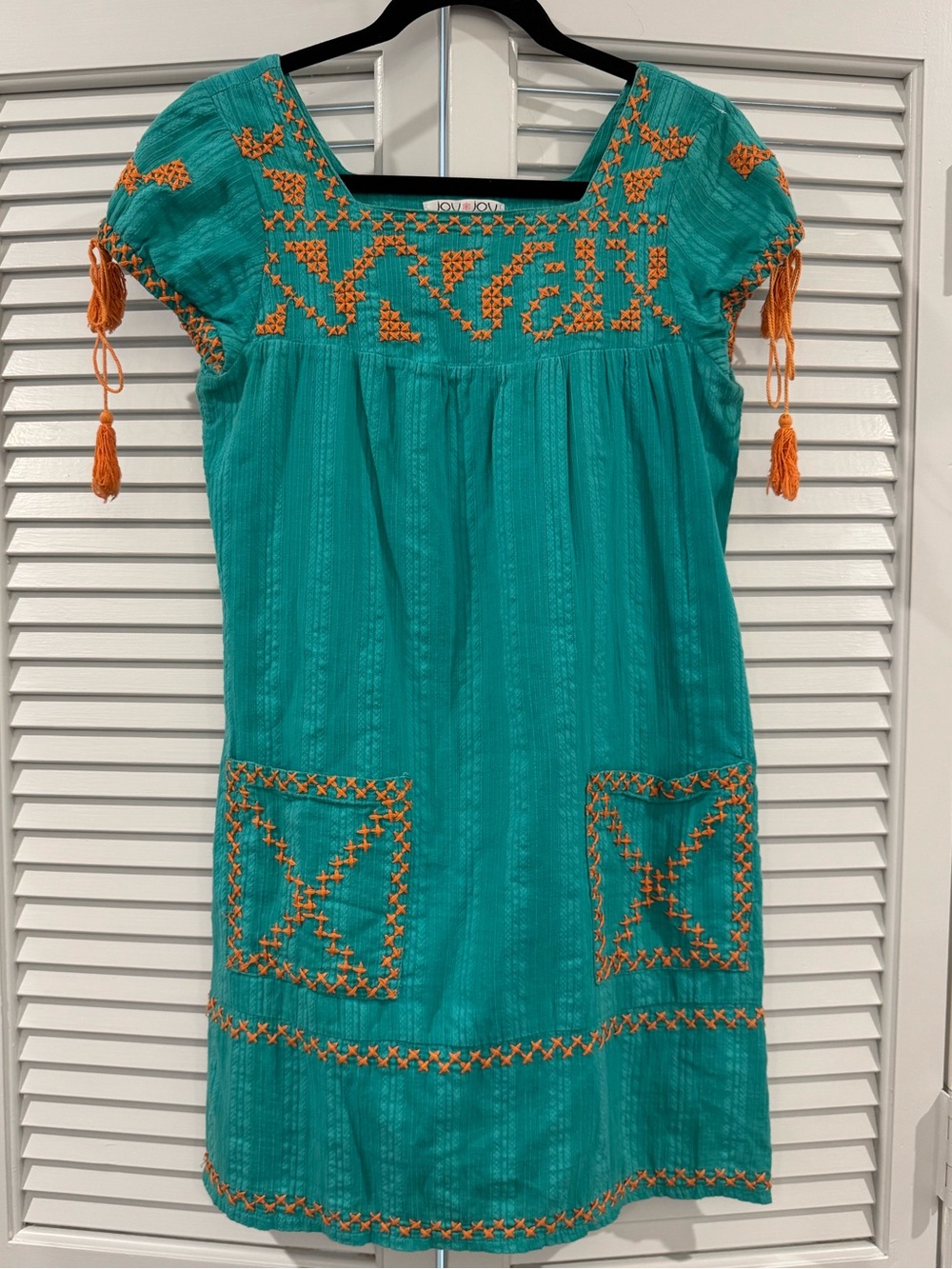 Joy Joy Teal Top with Orange Cross-Stitch Detail